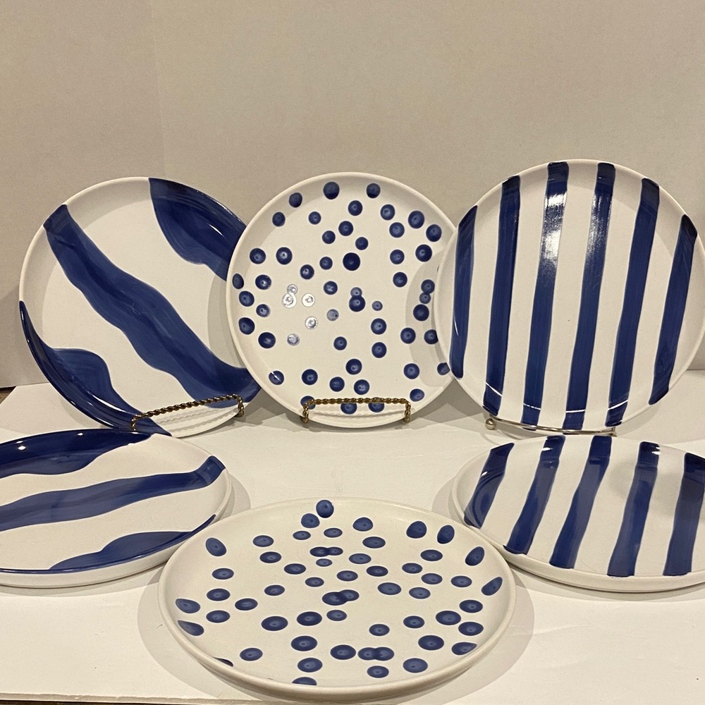 Retired Pier 1 Imports Set of 6 Modern Organic Blue & White Stoneware Plates 8”